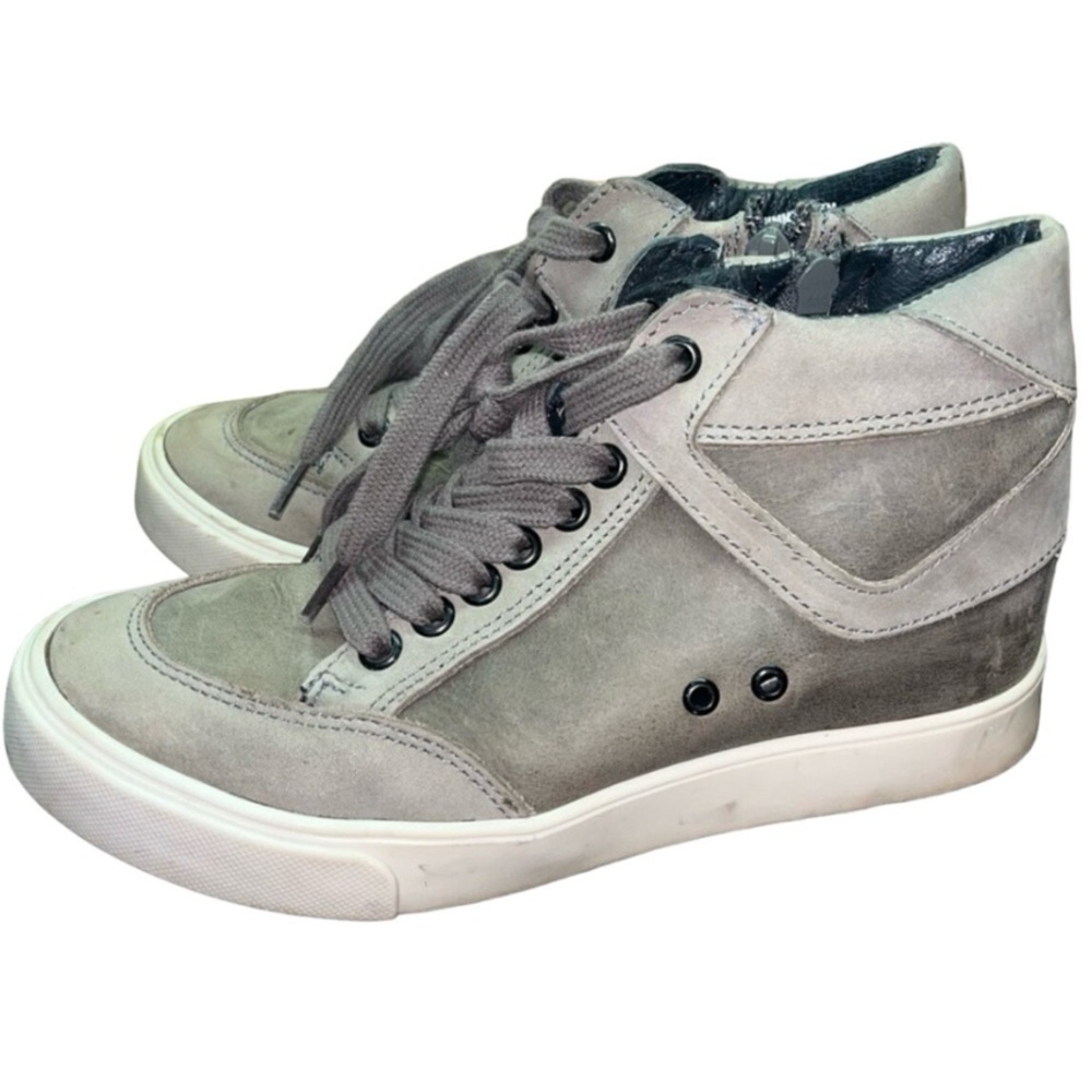 Steve Madden Grey Leather Heeled Lace Up Jimmy Wedge Sneakers Sz 5.5